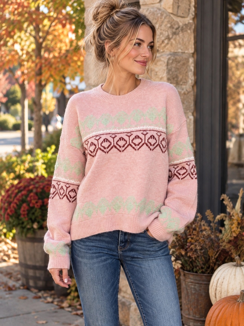 &Merci Women’s Medium Pink Fair Isle Wool Blend Crewneck Sweater Cottagecore